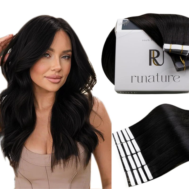 RUNATURE Tape in Hair Extensions Human Hair Natural Black 14 Inch 40g Real Human Hair Tape in Extensions Seamless Tape Ins Human Hair Straight Remy Hair Smooth Texture 20pcs #1B - Image 1